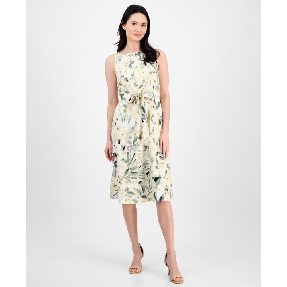 Anne Klein Dress Womens Size 2 White Floral Linen Belted Knee Fit & Flare $139
